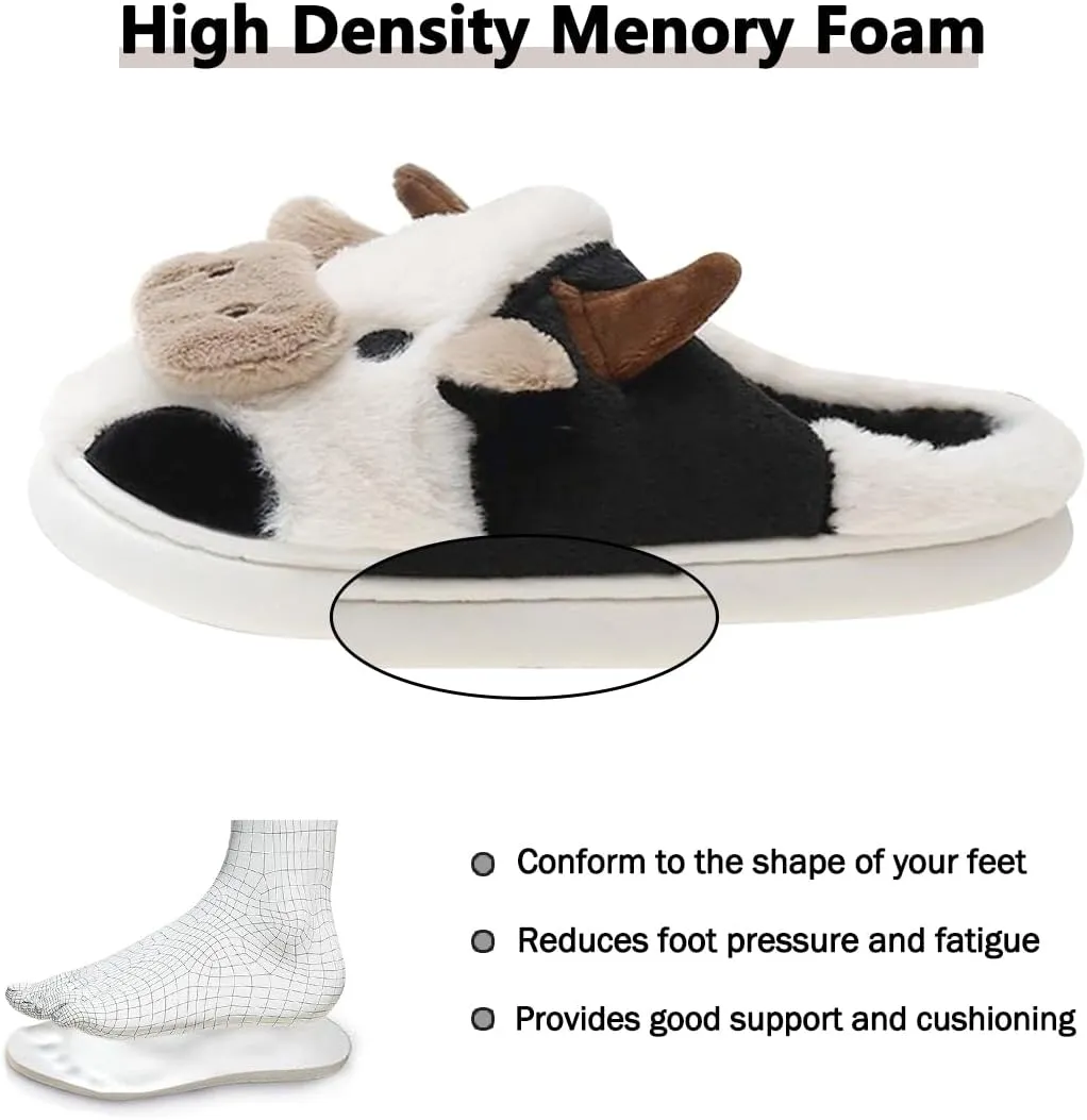 Adisputent Cow Slippers for Women Men Cartoon Animal Cotton Slippers Fuzzy Plush Cow Slides Winter Warm House Slippers