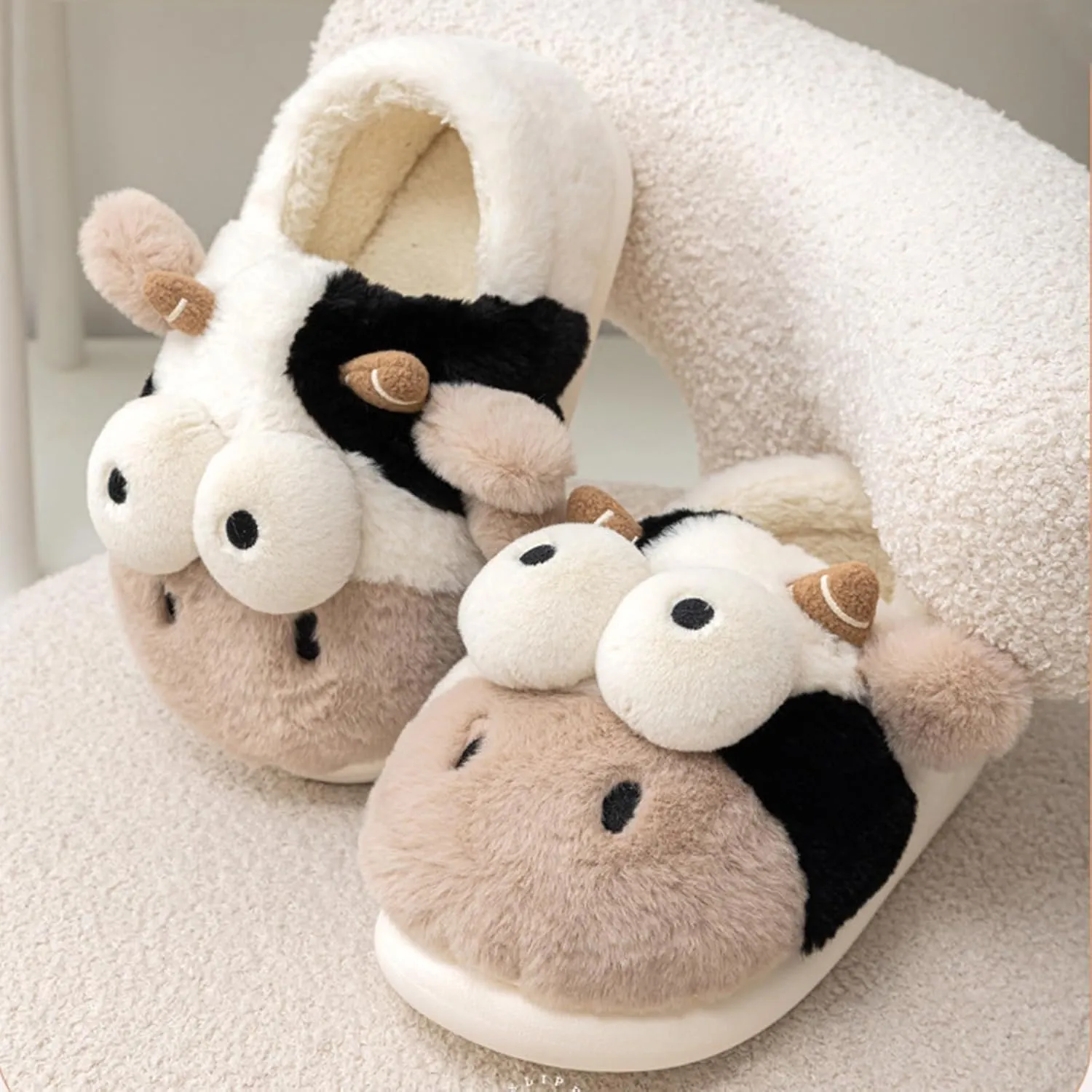 Adisputent Cow Slippers for Women Men Cartoon Animal Cotton Slippers Fuzzy Plush Cow Slides Winter Warm House Slippers