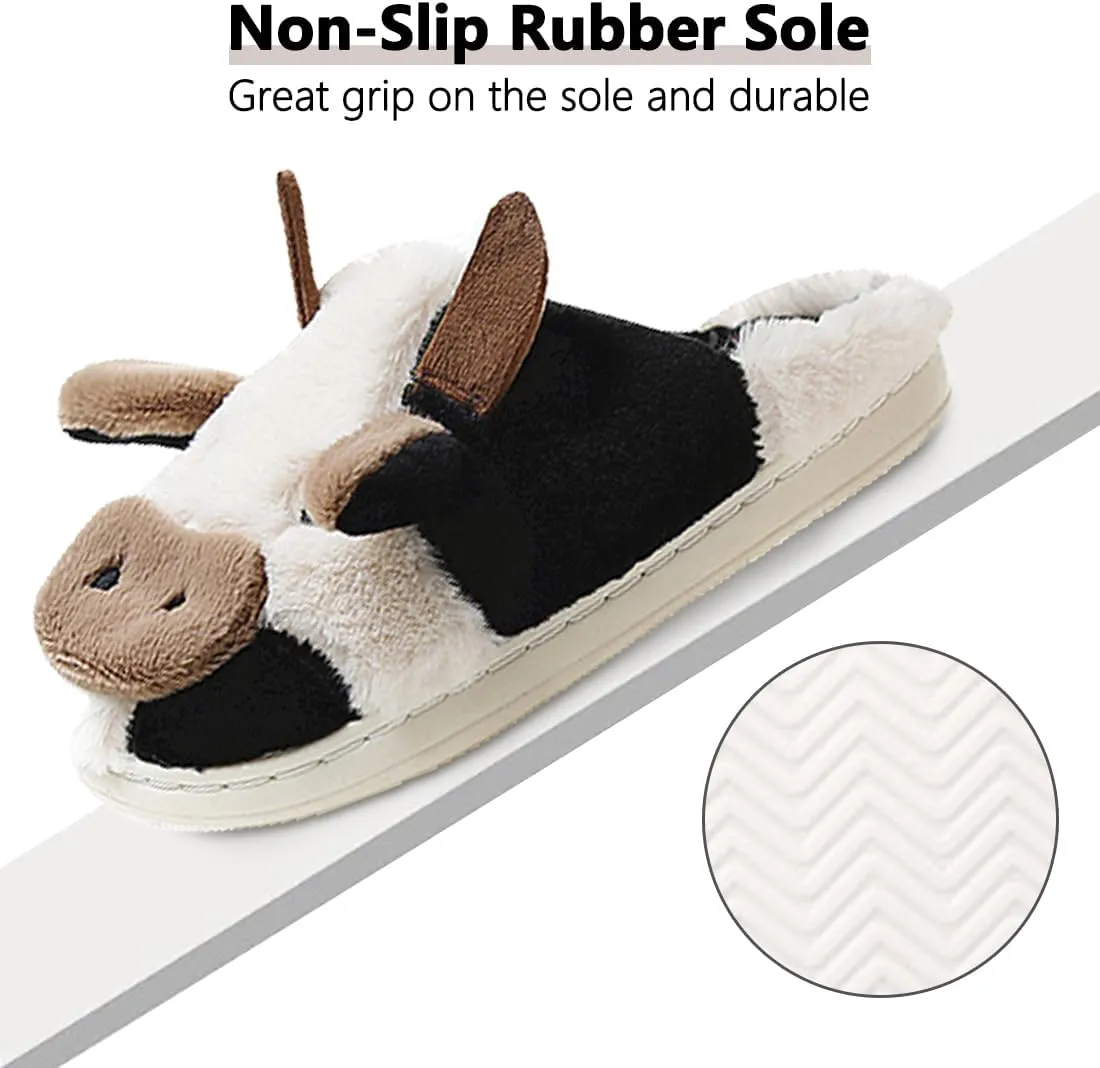 Adisputent Cow Slippers for Women Men Cartoon Animal Cotton Slippers Fuzzy Plush Cow Slides Winter Warm House Slippers