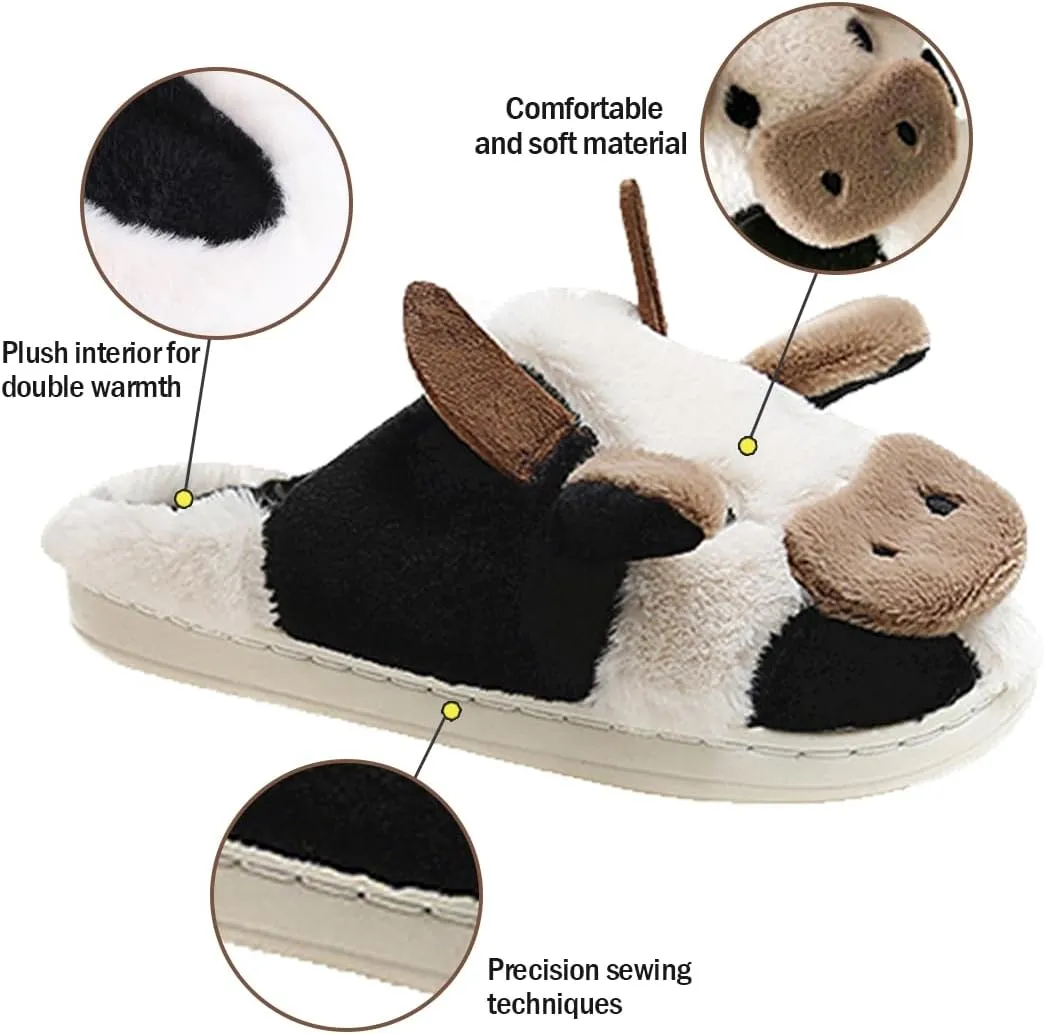 Adisputent Cow Slippers for Women Men Cartoon Animal Cotton Slippers Fuzzy Plush Cow Slides Winter Warm House Slippers