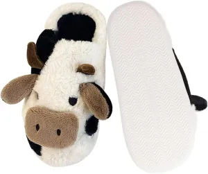 Adisputent Cow Slippers for Women Men Cartoon Animal Cotton Slippers Fuzzy Plush Cow Slides Winter Warm House Slippers