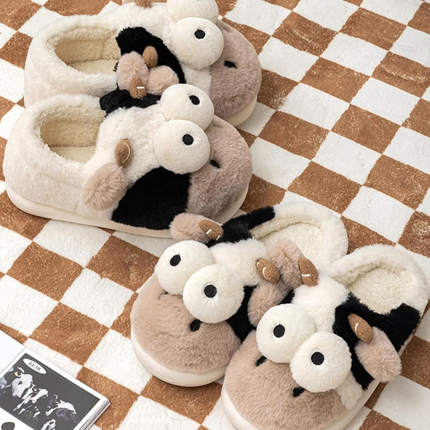 Adisputent Cow Slippers for Women Men Cartoon Animal Cotton Slippers Fuzzy Plush Cow Slides Winter Warm House Slippers