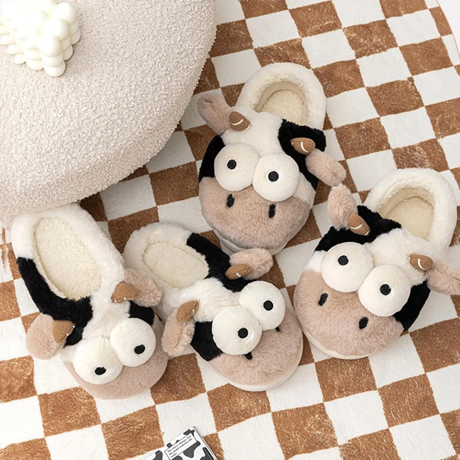 Adisputent Cow Slippers for Women Men Cartoon Animal Cotton Slippers Fuzzy Plush Cow Slides Winter Warm House Slippers