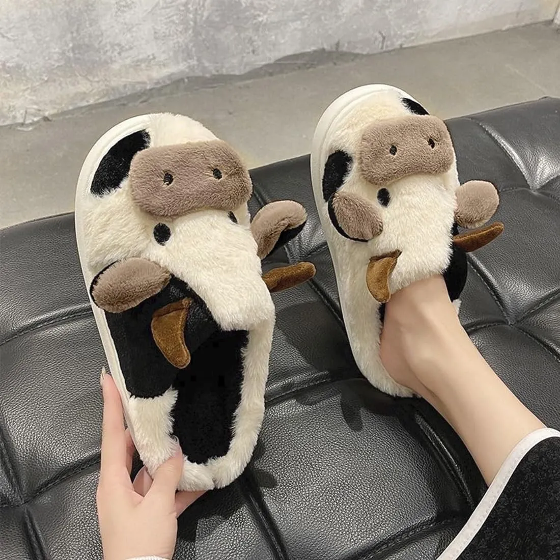 Adisputent Cow Slippers for Women Men Cartoon Animal Cotton Slippers Fuzzy Plush Cow Slides Winter Warm House Slippers