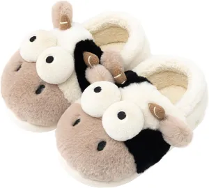 Adisputent Cow Slippers for Women Men Cartoon Animal Cotton Slippers Fuzzy Plush Cow Slides Winter Warm House Slippers