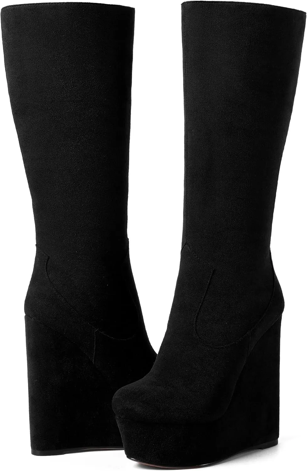 AMBELIGHT Womens Suede Party Platform Knee High Round Toe Zip Fashion Wedge High Heel Mid Calf Boots 6 Inch