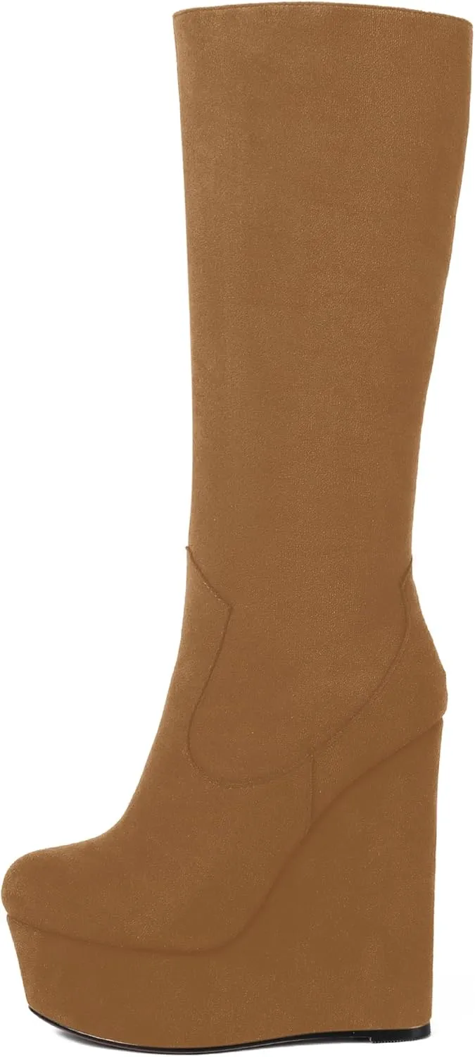 AMBELIGHT Womens Suede Party Platform Knee High Round Toe Zip Fashion Wedge High Heel Mid Calf Boots 6 Inch