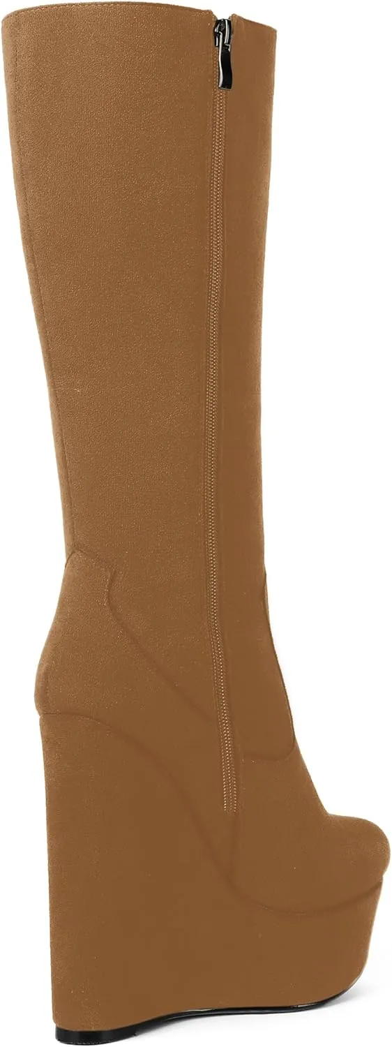 AMBELIGHT Womens Suede Party Platform Knee High Round Toe Zip Fashion Wedge High Heel Mid Calf Boots 6 Inch