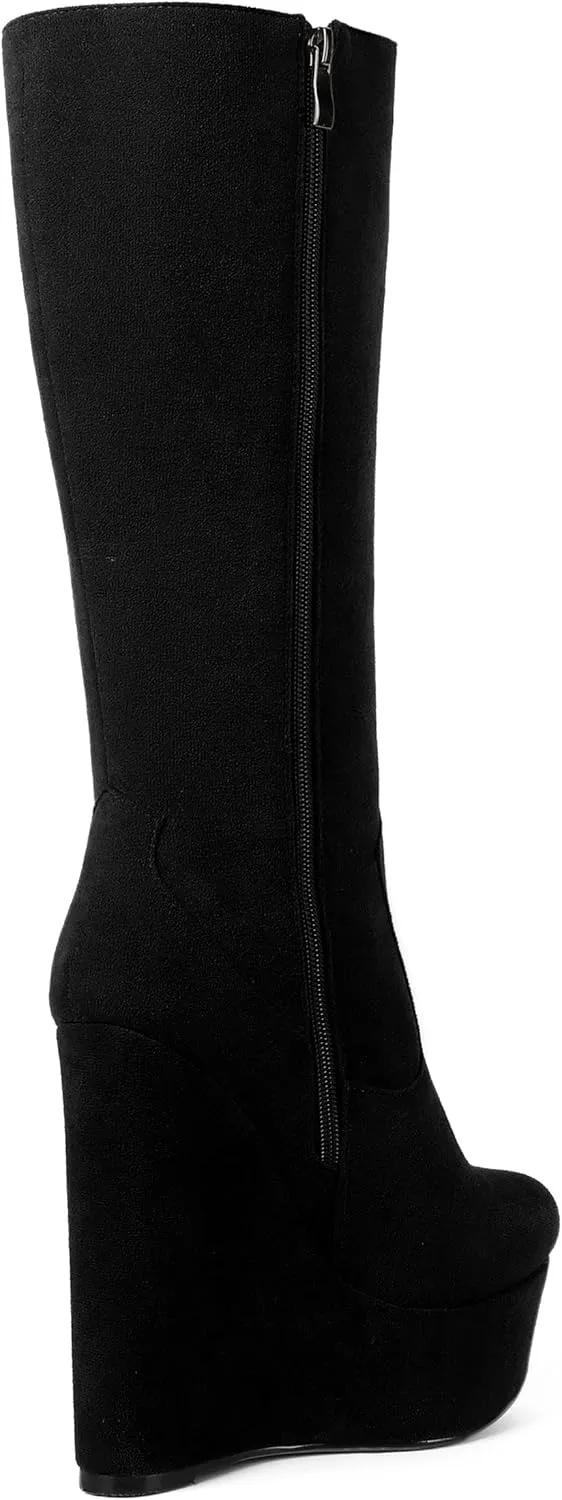 AMBELIGHT Womens Suede Party Platform Knee High Round Toe Zip Fashion Wedge High Heel Mid Calf Boots 6 Inch