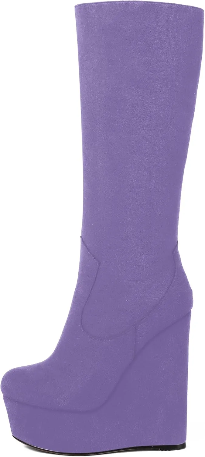 AMBELIGHT Womens Suede Party Platform Knee High Round Toe Zip Fashion Wedge High Heel Mid Calf Boots 6 Inch