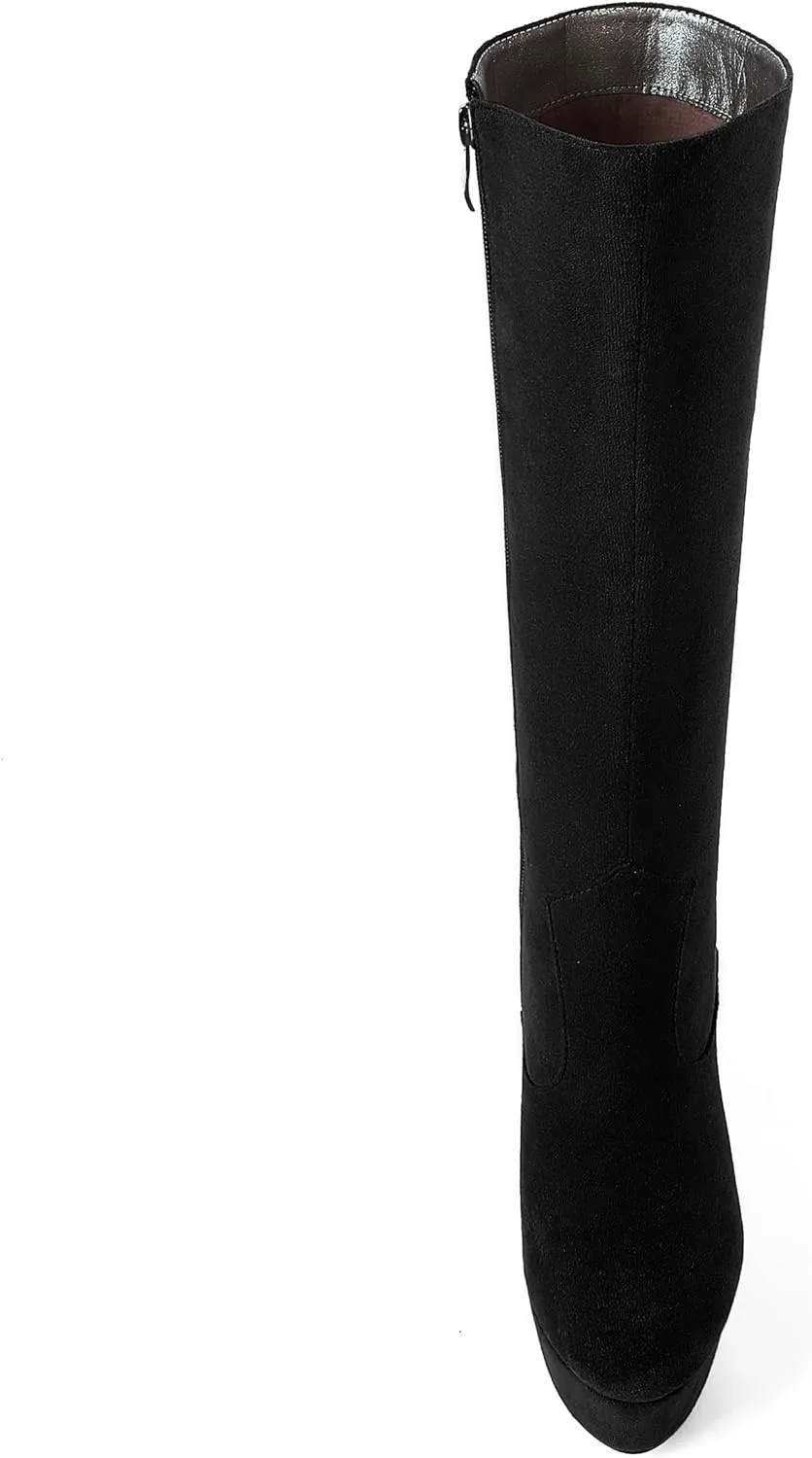 AMBELIGHT Womens Suede Party Platform Knee High Round Toe Zip Fashion Wedge High Heel Mid Calf Boots 6 Inch