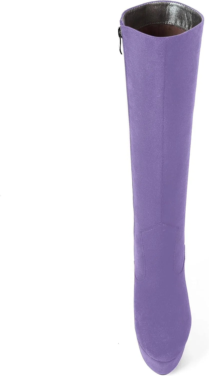 AMBELIGHT Womens Suede Party Platform Knee High Round Toe Zip Fashion Wedge High Heel Mid Calf Boots 6 Inch