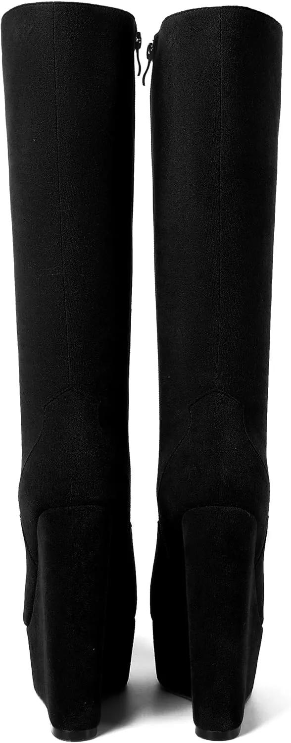 AMBELIGHT Womens Suede Party Platform Knee High Round Toe Zip Fashion Wedge High Heel Mid Calf Boots 6 Inch