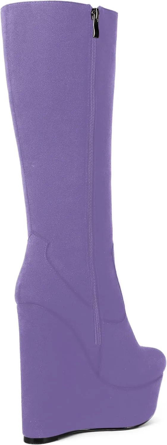 AMBELIGHT Womens Suede Party Platform Knee High Round Toe Zip Fashion Wedge High Heel Mid Calf Boots 6 Inch