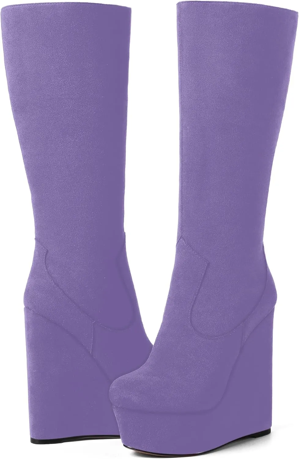 AMBELIGHT Womens Suede Party Platform Knee High Round Toe Zip Fashion Wedge High Heel Mid Calf Boots 6 Inch