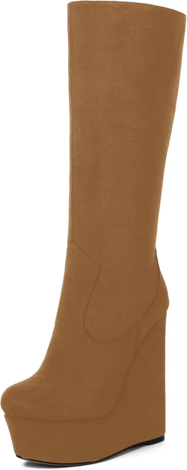 AMBELIGHT Womens Suede Party Platform Knee High Round Toe Zip Fashion Wedge High Heel Mid Calf Boots 6 Inch