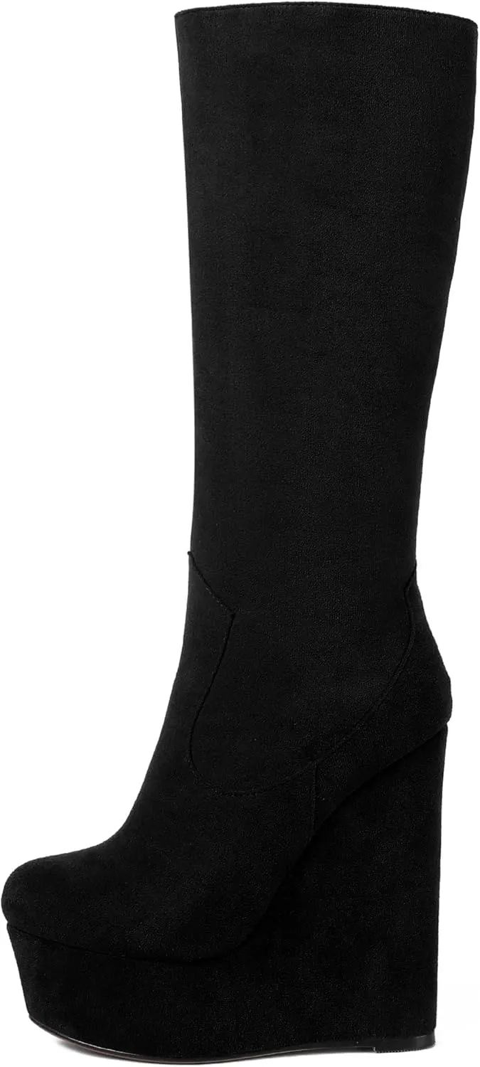 AMBELIGHT Womens Suede Party Platform Knee High Round Toe Zip Fashion Wedge High Heel Mid Calf Boots 6 Inch
