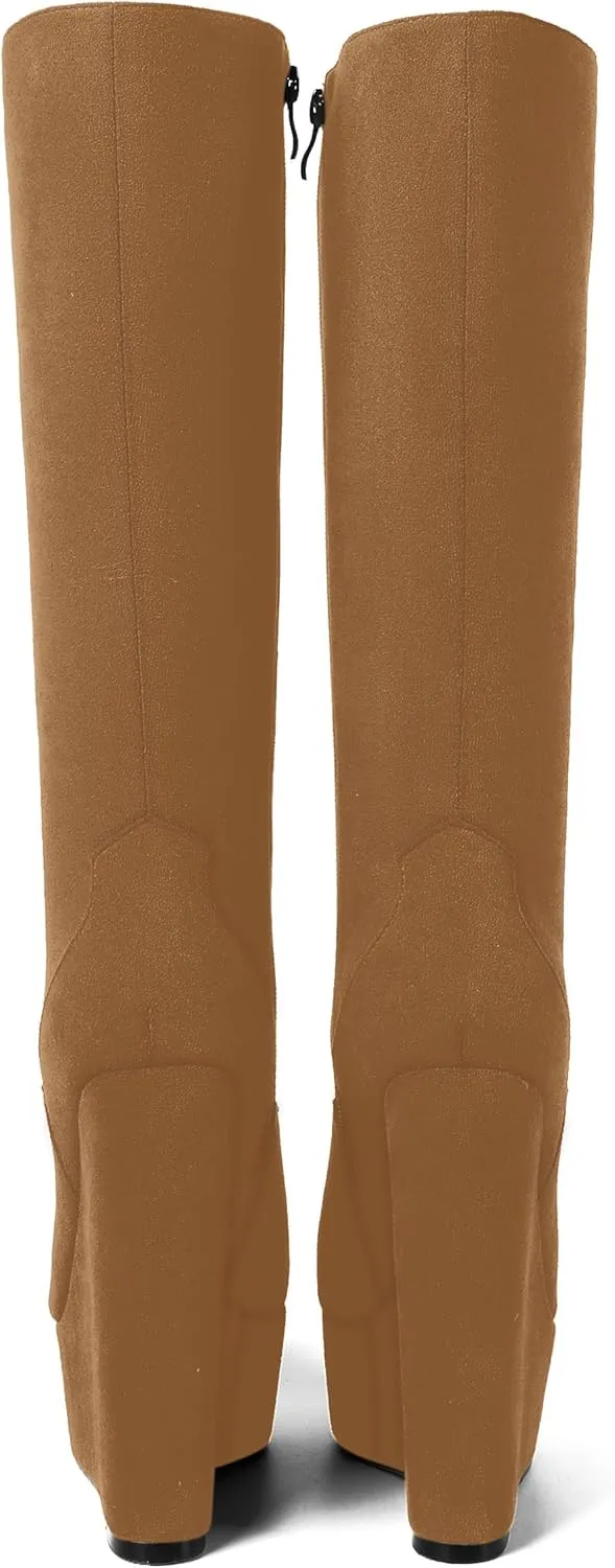 AMBELIGHT Womens Suede Party Platform Knee High Round Toe Zip Fashion Wedge High Heel Mid Calf Boots 6 Inch