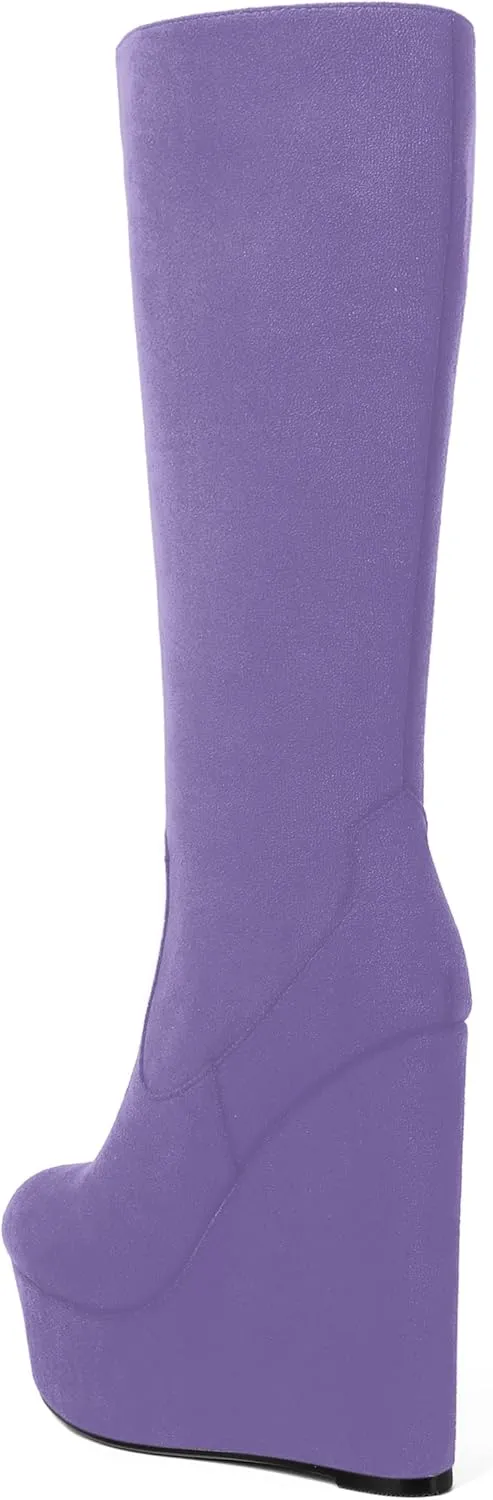 AMBELIGHT Womens Suede Party Platform Knee High Round Toe Zip Fashion Wedge High Heel Mid Calf Boots 6 Inch