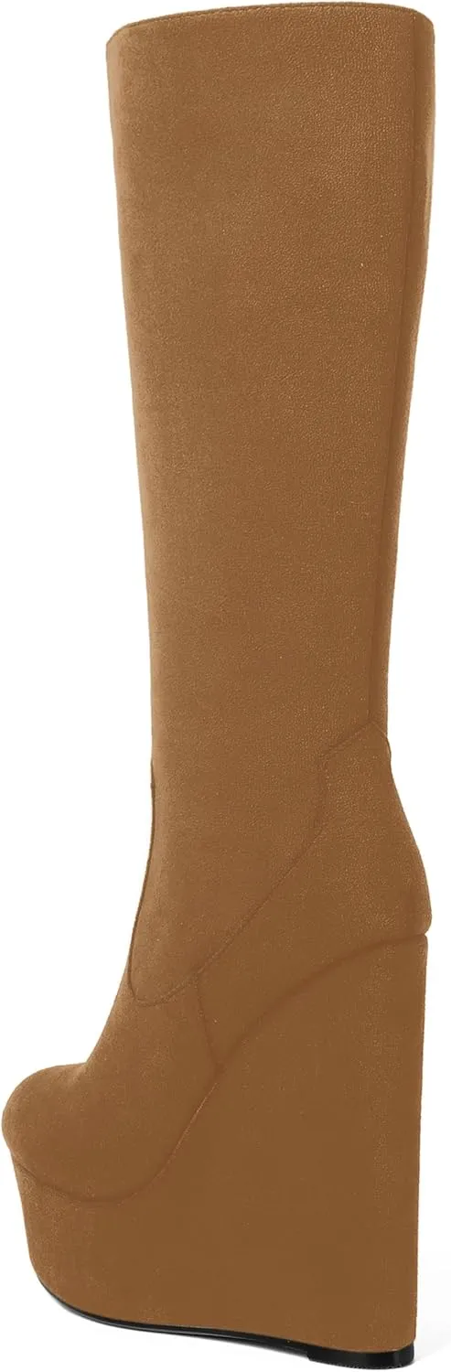 AMBELIGHT Womens Suede Party Platform Knee High Round Toe Zip Fashion Wedge High Heel Mid Calf Boots 6 Inch