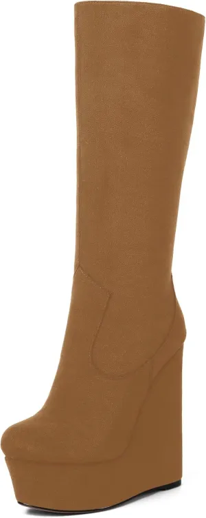 AMBELIGHT Womens Suede Party Platform Knee High Round Toe Zip Fashion Wedge High Heel Mid Calf Boots 6 Inch