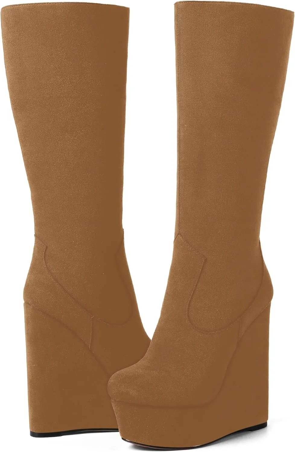 AMBELIGHT Womens Suede Party Platform Knee High Round Toe Zip Fashion Wedge High Heel Mid Calf Boots 6 Inch