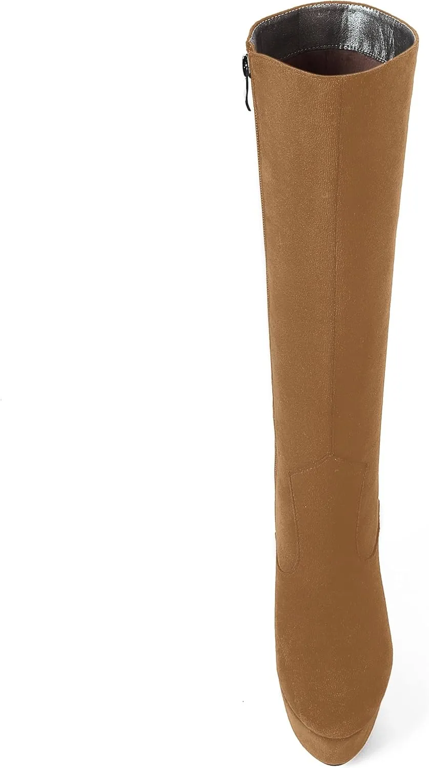 AMBELIGHT Womens Suede Party Platform Knee High Round Toe Zip Fashion Wedge High Heel Mid Calf Boots 6 Inch