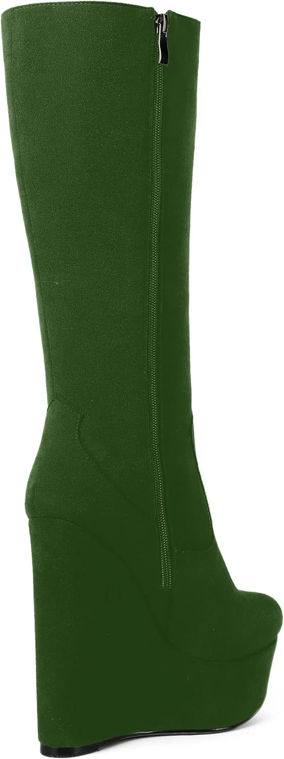 AMBELIGHT Womens Suede Party Platform Knee High Round Toe Zip Fashion Wedge High Heel Mid Calf Boots 6 Inch