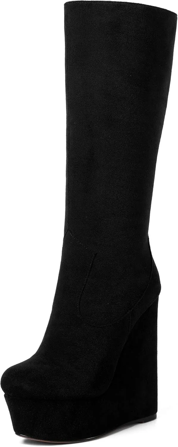 AMBELIGHT Womens Suede Party Platform Knee High Round Toe Zip Fashion Wedge High Heel Mid Calf Boots 6 Inch