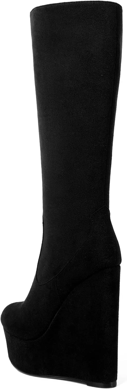 AMBELIGHT Womens Suede Party Platform Knee High Round Toe Zip Fashion Wedge High Heel Mid Calf Boots 6 Inch