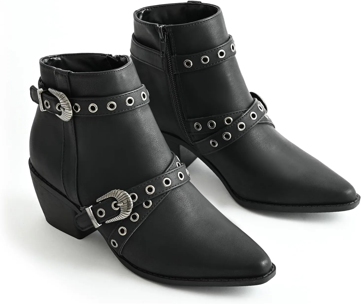 Ankle Boots for Women Chunky heels Booties with Side Zipper Eyelet Straps Almond Toe Short Boots,Black