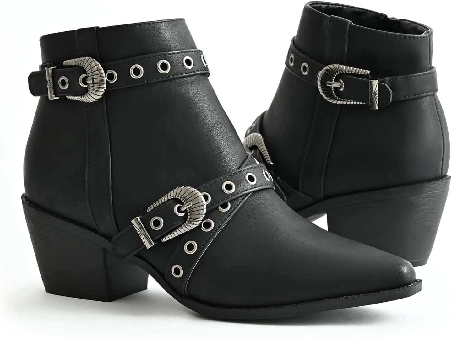 Ankle Boots for Women Chunky heels Booties with Side Zipper Eyelet Straps Almond Toe Short Boots,Black