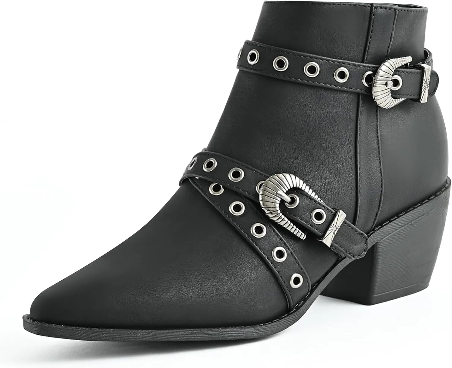Ankle Boots for Women Chunky heels Booties with Side Zipper Eyelet Straps Almond Toe Short Boots,Black