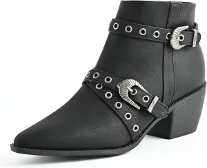 Ankle Boots for Women Chunky heels Booties with Side Zipper Eyelet Straps Almond Toe Short Boots,Black