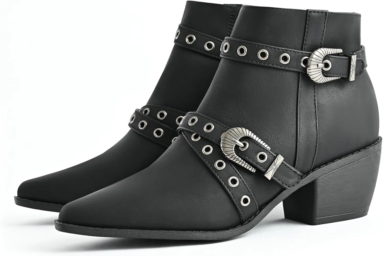 Ankle Boots for Women Chunky heels Booties with Side Zipper Eyelet Straps Almond Toe Short Boots,Black