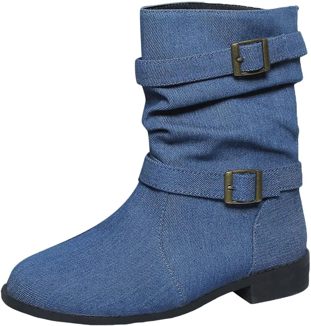 Ankle Boots for Women Slouchy Fashion Wide Calf Pull On Shoes Round Toe Falt Low Heel Mid Calf Fall Winter Booties