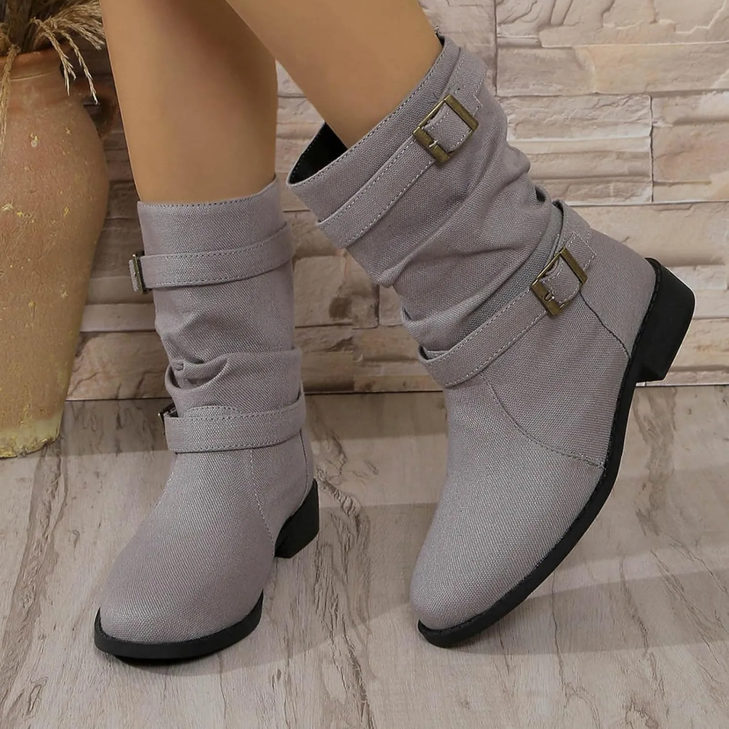 Ankle Boots for Women Slouchy Fashion Wide Calf Pull On Shoes Round Toe Falt Low Heel Mid Calf Fall Winter Booties