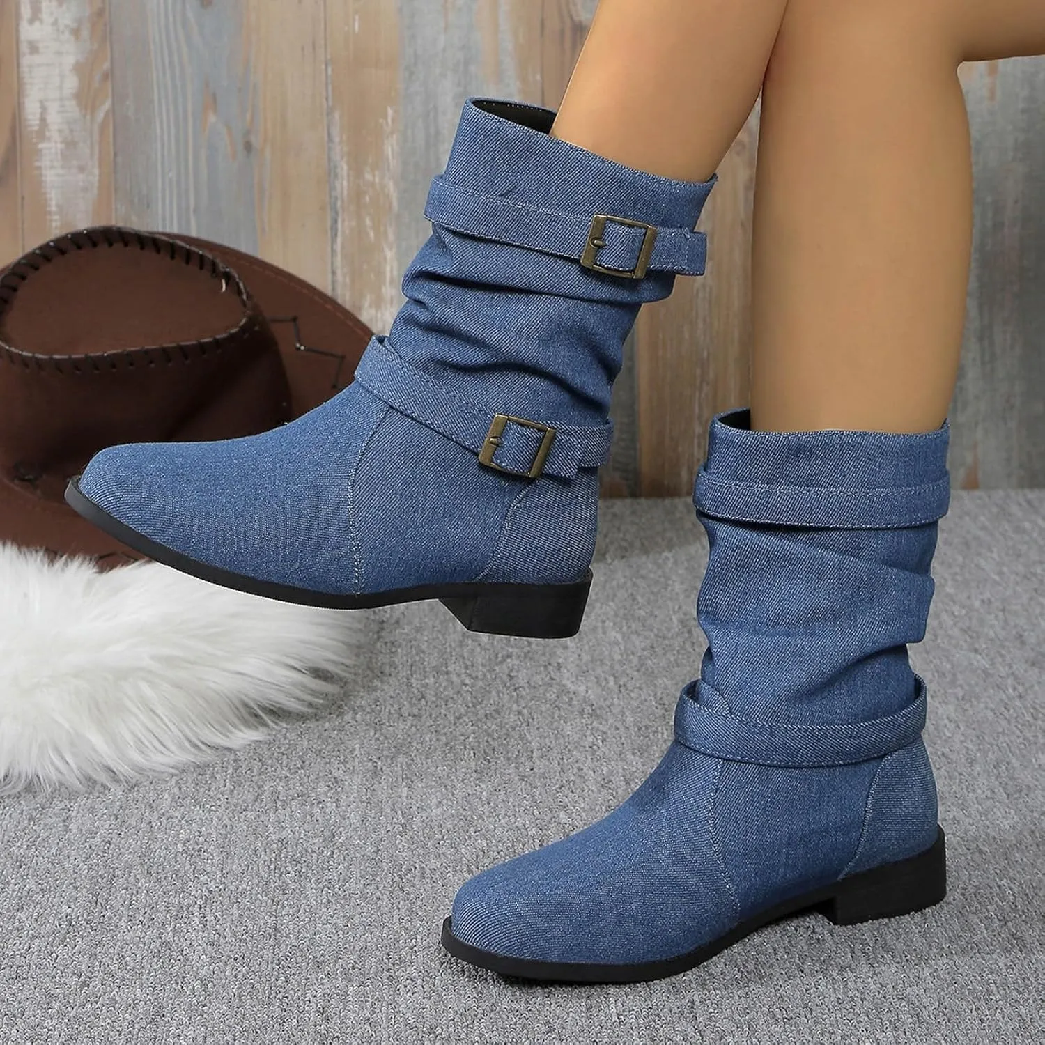 Ankle Boots for Women Slouchy Fashion Wide Calf Pull On Shoes Round Toe Falt Low Heel Mid Calf Fall Winter Booties