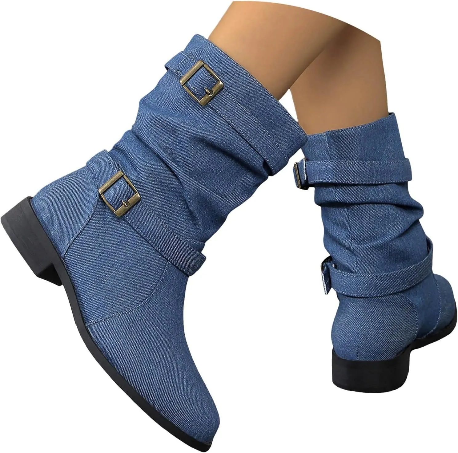 Ankle Boots for Women Slouchy Fashion Wide Calf Pull On Shoes Round Toe Falt Low Heel Mid Calf Fall Winter Booties