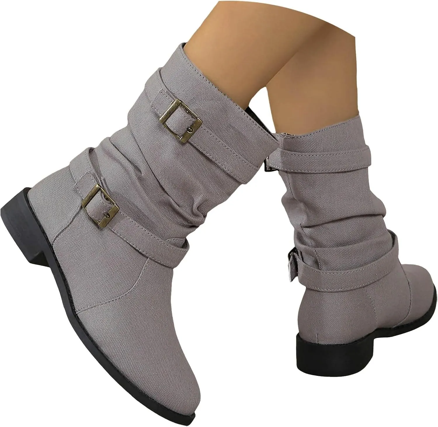 Ankle Boots for Women Slouchy Fashion Wide Calf Pull On Shoes Round Toe Falt Low Heel Mid Calf Fall Winter Booties