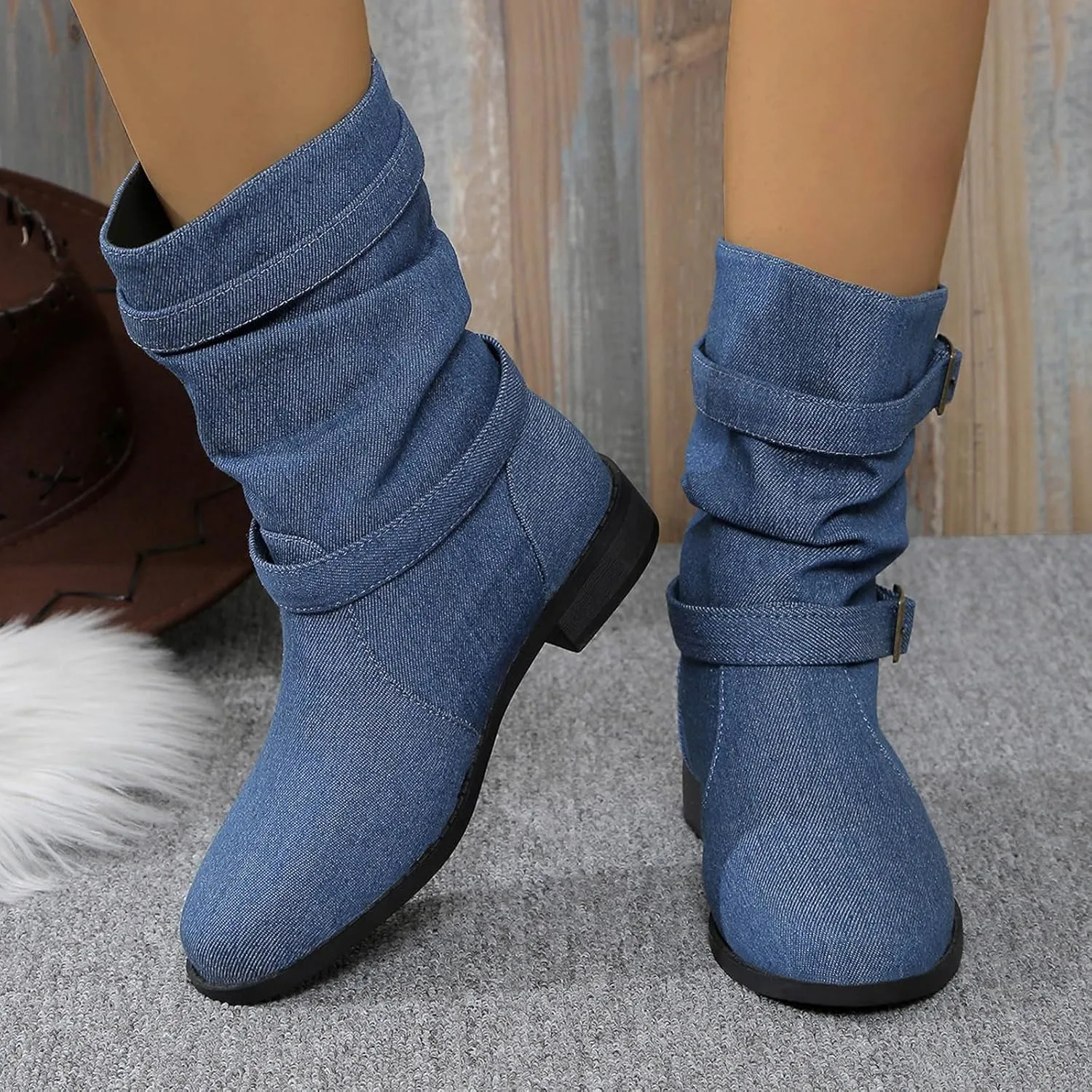 Ankle Boots for Women Slouchy Fashion Wide Calf Pull On Shoes Round Toe Falt Low Heel Mid Calf Fall Winter Booties