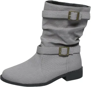 Ankle Boots for Women Slouchy Fashion Wide Calf Pull On Shoes Round Toe Falt Low Heel Mid Calf Fall Winter Booties