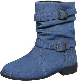 Ankle Boots for Women Slouchy Fashion Wide Calf Pull On Shoes Round Toe Falt Low Heel Mid Calf Fall Winter Booties