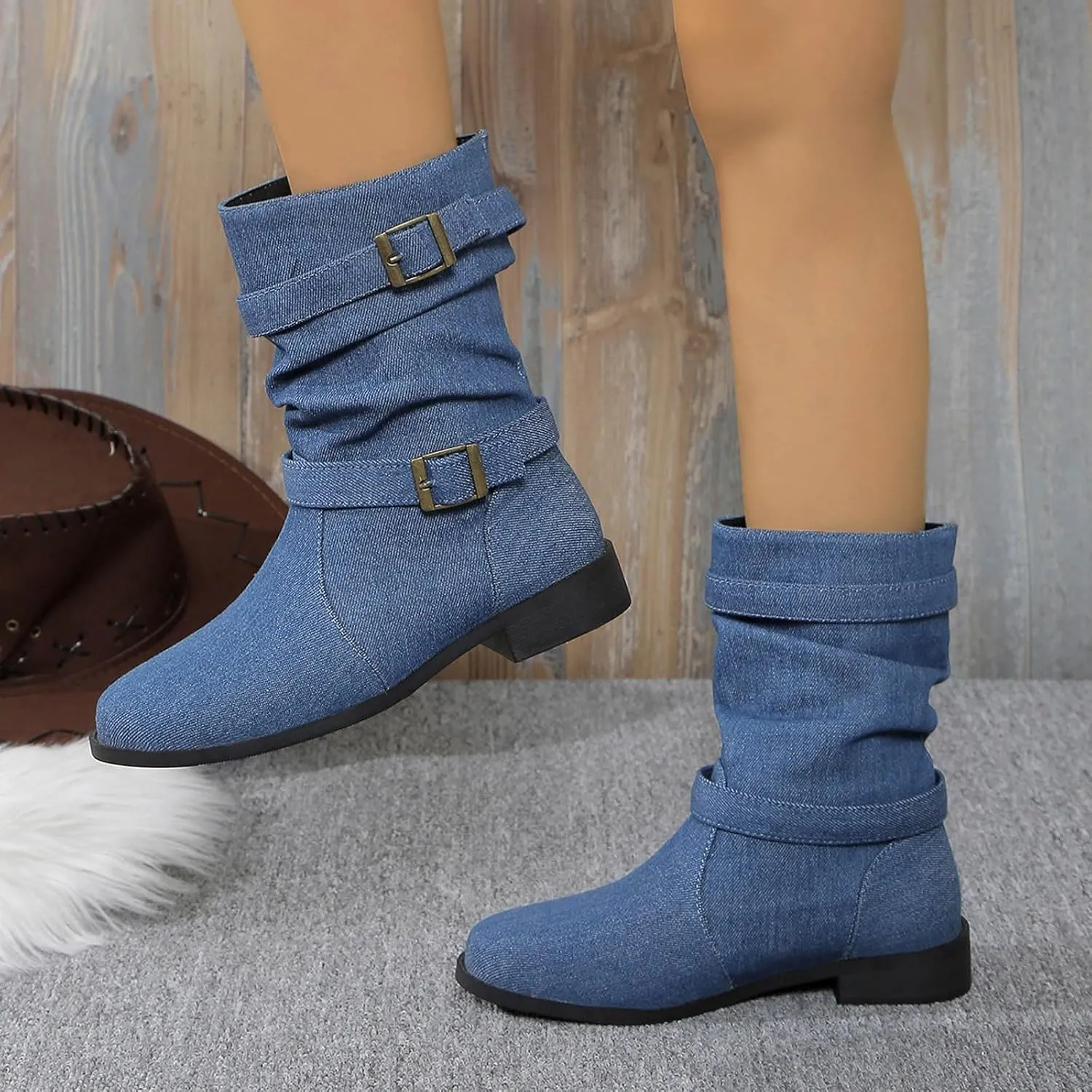 Ankle Boots for Women Slouchy Fashion Wide Calf Pull On Shoes Round Toe Falt Low Heel Mid Calf Fall Winter Booties