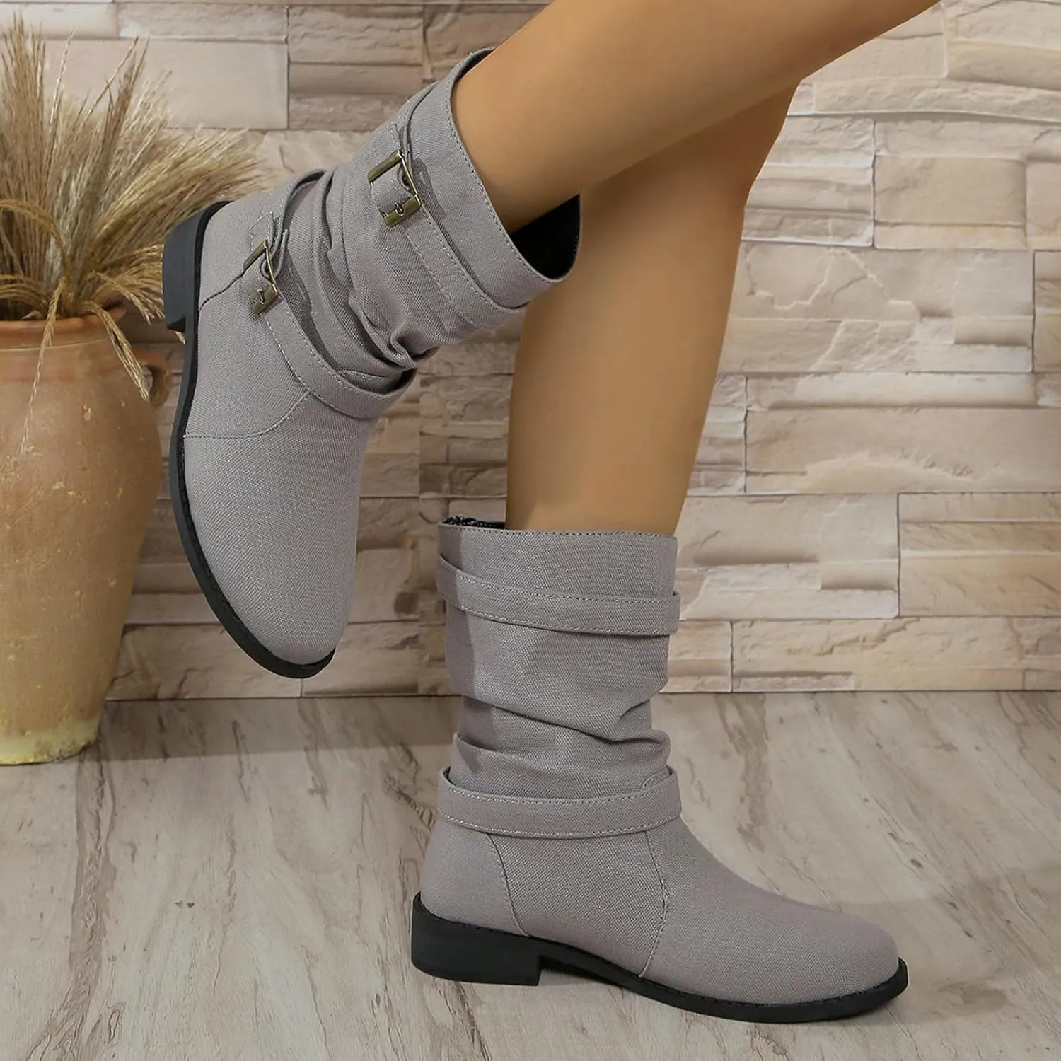 Ankle Boots for Women Slouchy Fashion Wide Calf Pull On Shoes Round Toe Falt Low Heel Mid Calf Fall Winter Booties