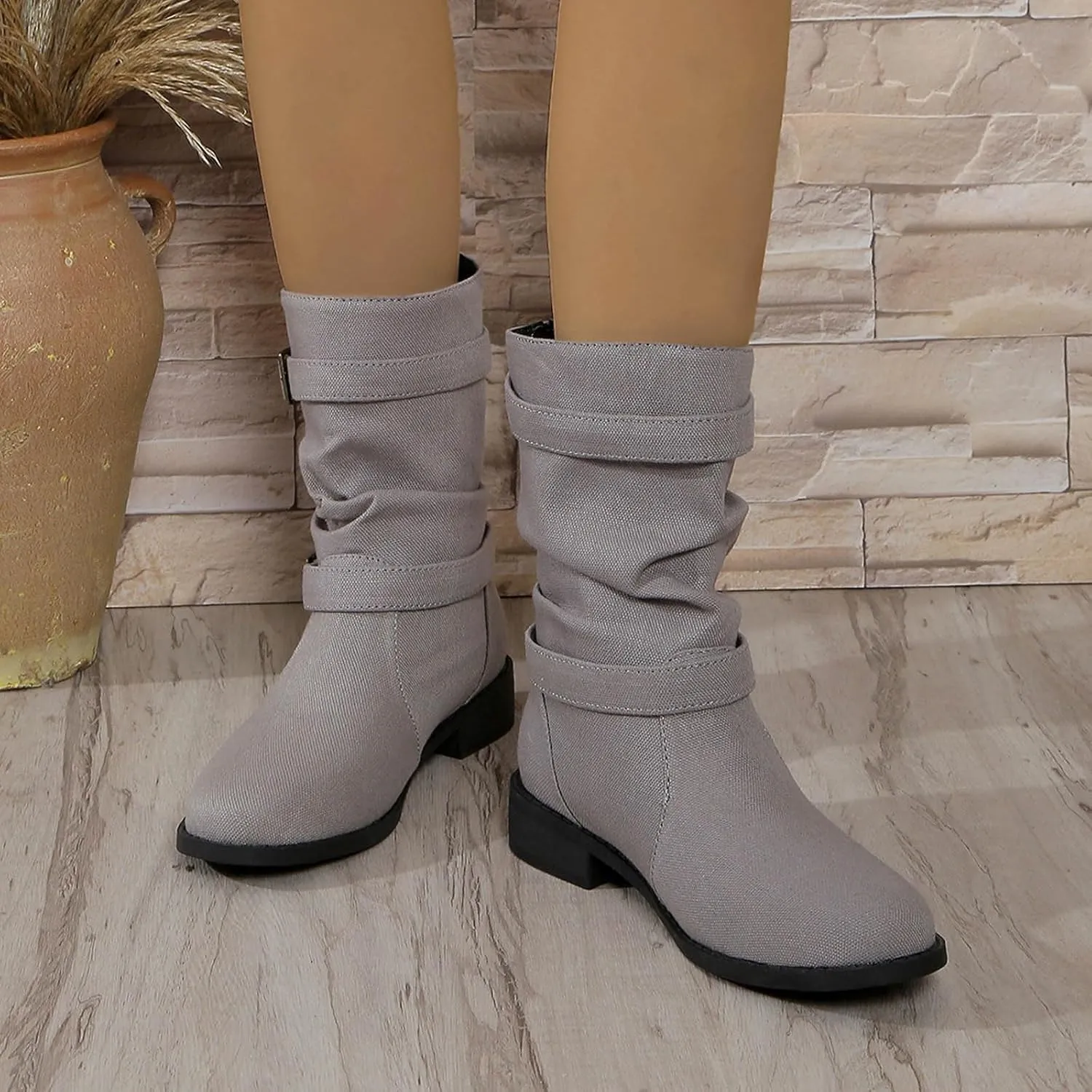 Ankle Boots for Women Slouchy Fashion Wide Calf Pull On Shoes Round Toe Falt Low Heel Mid Calf Fall Winter Booties