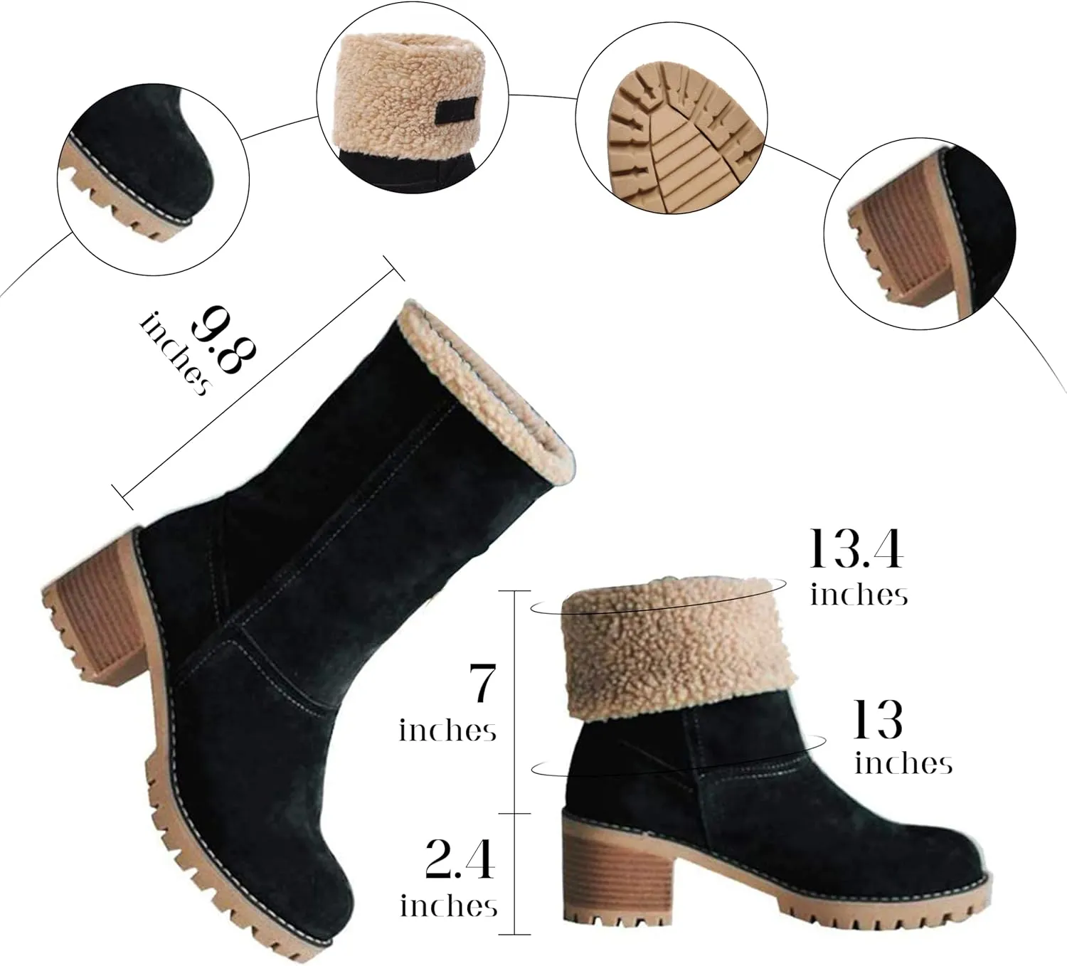 AOSPHIRAYLIAN Women's Winter Fur Lined Snow Boots for Women Mid Calf Round Toe Chunky Heel Resistant Warm Ankle Boots Comfy Suede Booties Pull On Shoes for Women