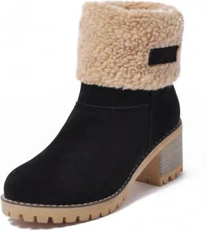 AOSPHIRAYLIAN Women's Winter Fur Lined Snow Boots for Women Mid Calf Round Toe Chunky Heel Resistant Warm Ankle Boots Comfy Suede Booties Pull On Shoes for Women