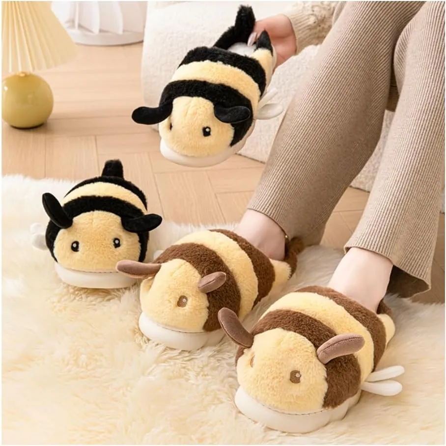 Baiyuruodie Cute Bee Slippers: Unisex Soft Plush Comfortable, Non-Slip, Warm Animal House Slippers for Men and Women