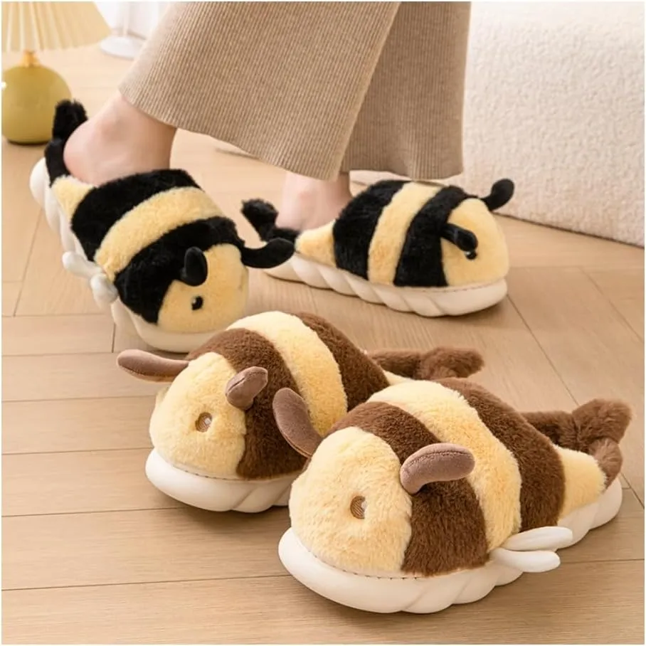 Baiyuruodie Cute Bee Slippers: Unisex Soft Plush Comfortable, Non-Slip, Warm Animal House Slippers for Men and Women